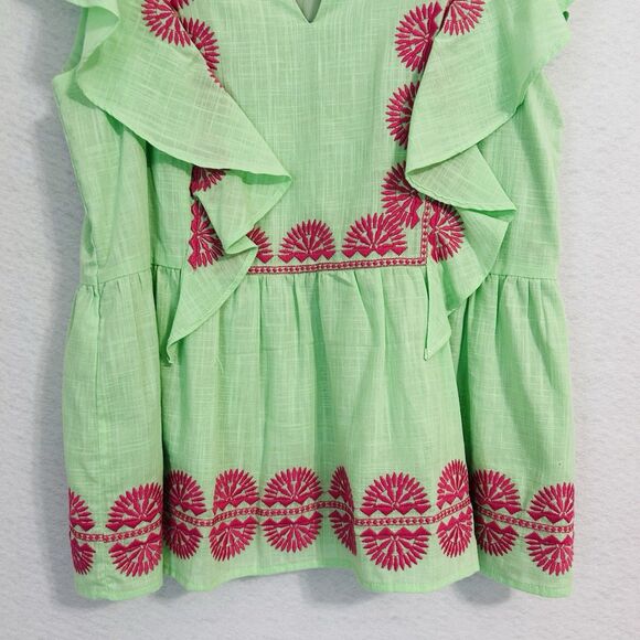 J.Marie Blouse Women S Green Pink Cotton Blend Embroidery Ruffle Boho Resort - Picture 8 of 12